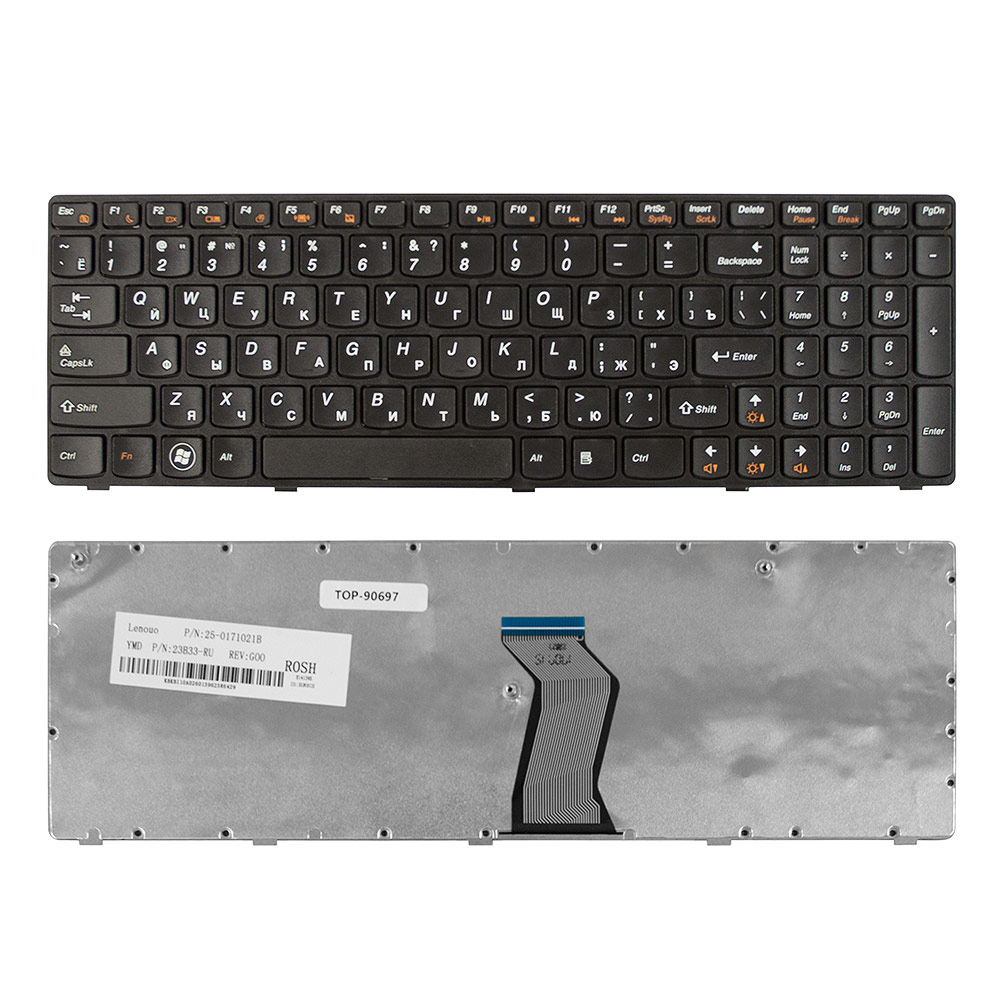 Клавиатура для ноутбука Lenovo IdeaPad G570, G770, Z560 Series. Плоский Enter. Черная, с черной рамкой. PN: MP-10A33SU-6864.